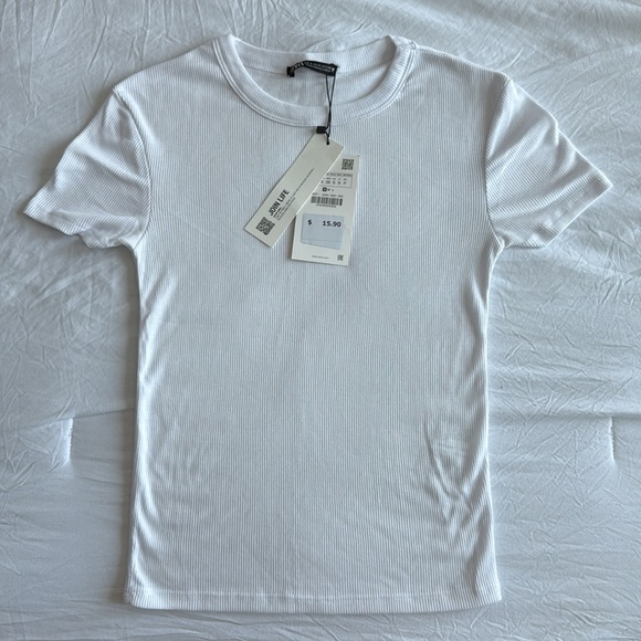 Zara Basic Ribbed Tee (White) - Picture 1 of 4